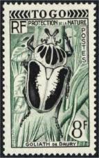 1955 - Scott: 330. SG: 192. Valor facial: 8 f, preto e verde. Nature Protection - Goliath Beetle.